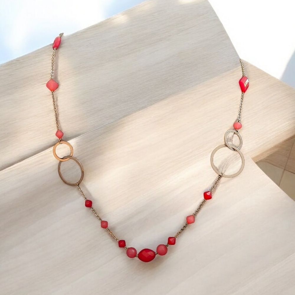 Mid-Century Modern Gold Tone Circle Necklace Red Coral Beads Geometric Statement